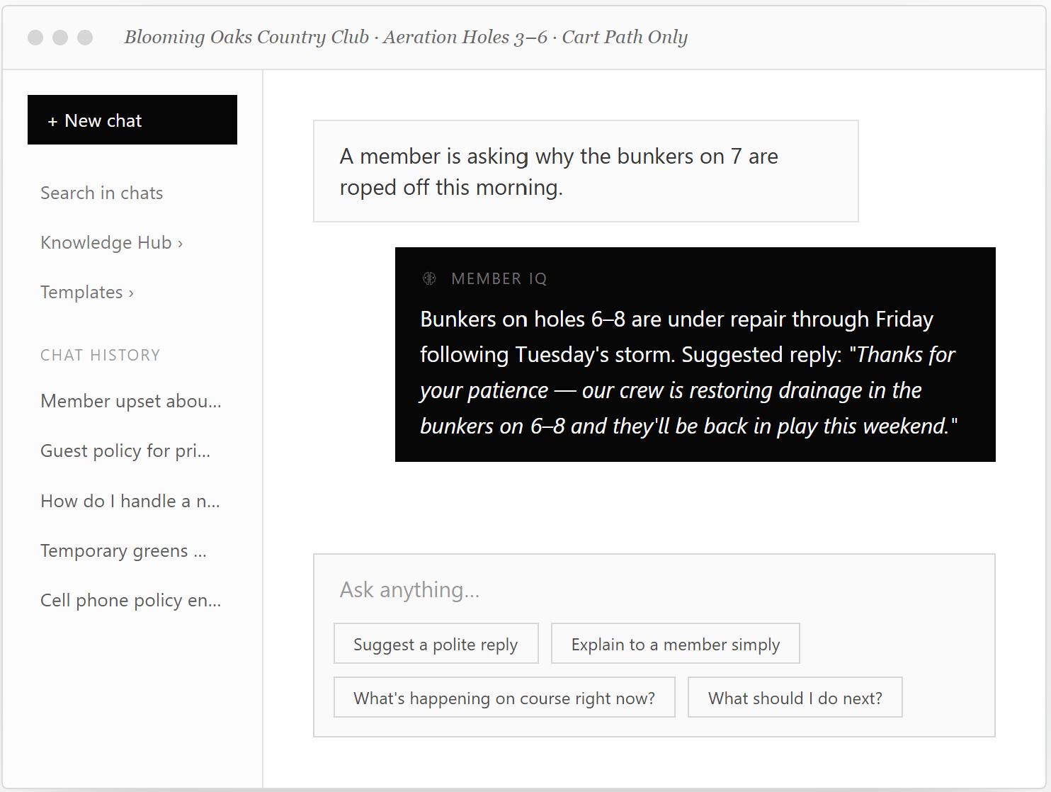 Atlas chat interface showing a member question and an AI suggested reply about bunker repairs